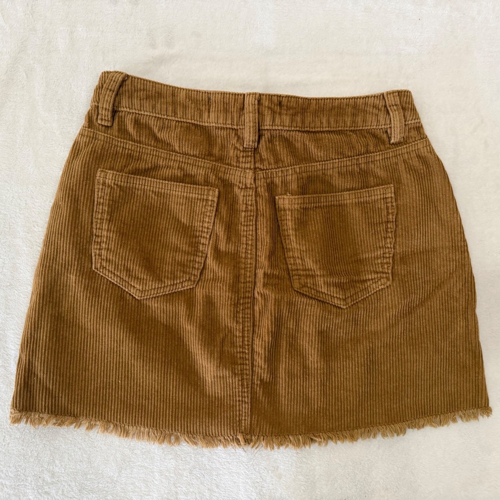 Indigo Rein Brown Corduroy Mini Skirt Button Fly Frayed Hem Size 1/24 - Picture 2 of 6